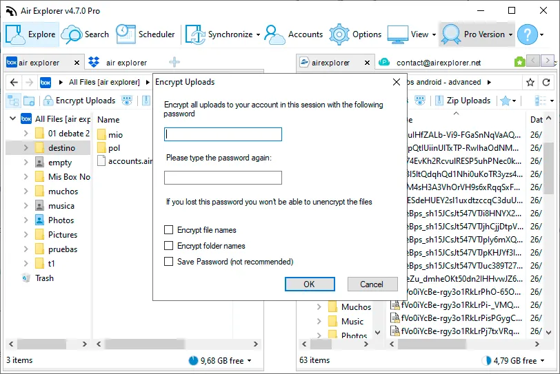 Encryption for uploading files in Air Explorer