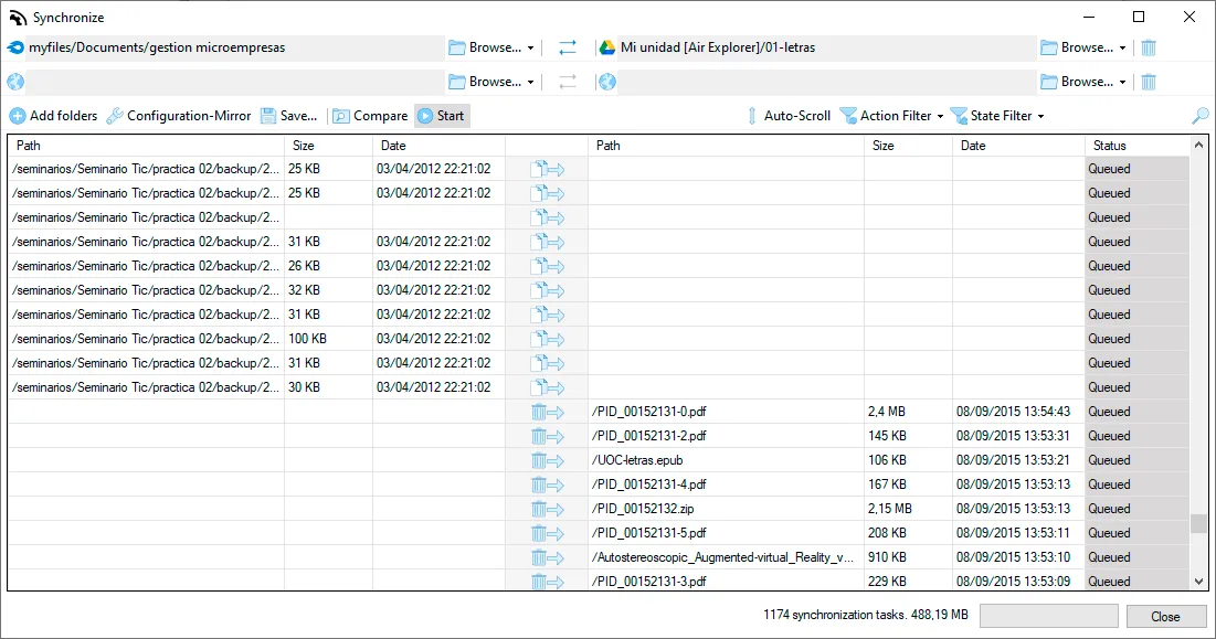 Air Explorer reviewing multiple synchronization actions before starting