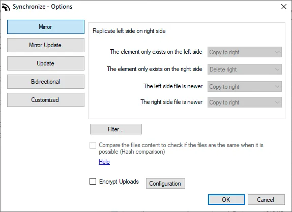 Air Explorer synchronization modes and hash comparison options
