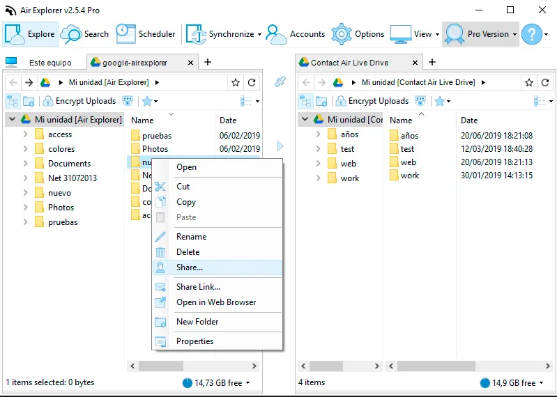Air Explorer screenshot: menu