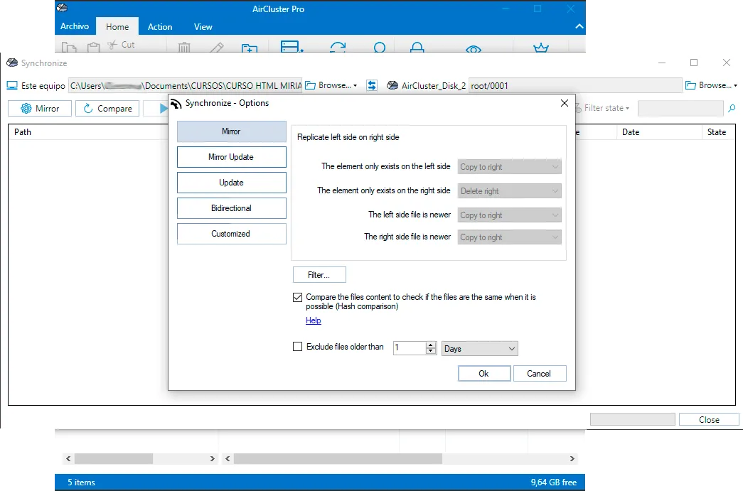 Choose from mirror, mirror updated, update, bidirectional, or customized sync modes.